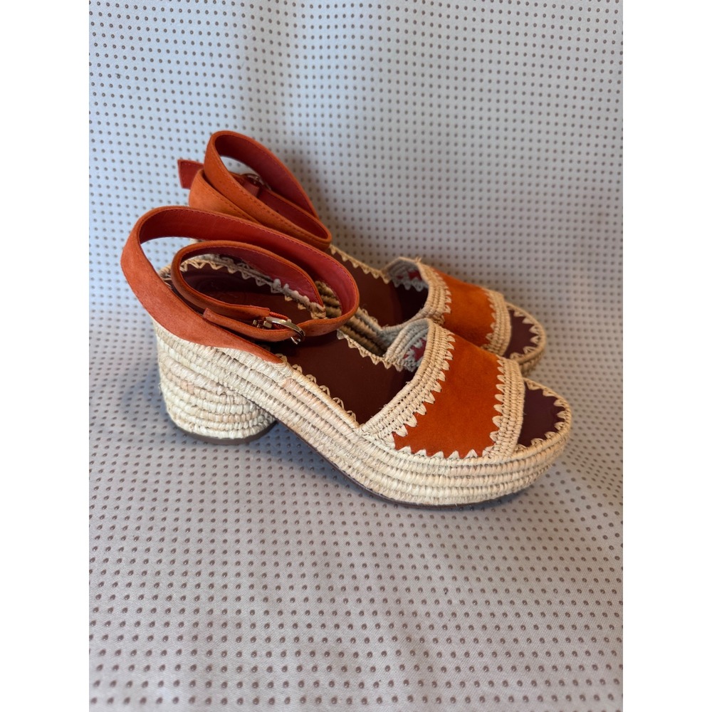 Tory Burch Orange Suede Espadrille Wedge Sandals 6.5 Whipstitch Ankle Strap - Picture 3 of 6